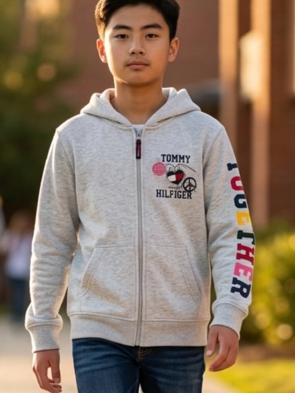 Tommy Hilfiger Full Zip Up Hoodie‎ Sweatshirt Boys Sz Medium 8/10 Gray Logo